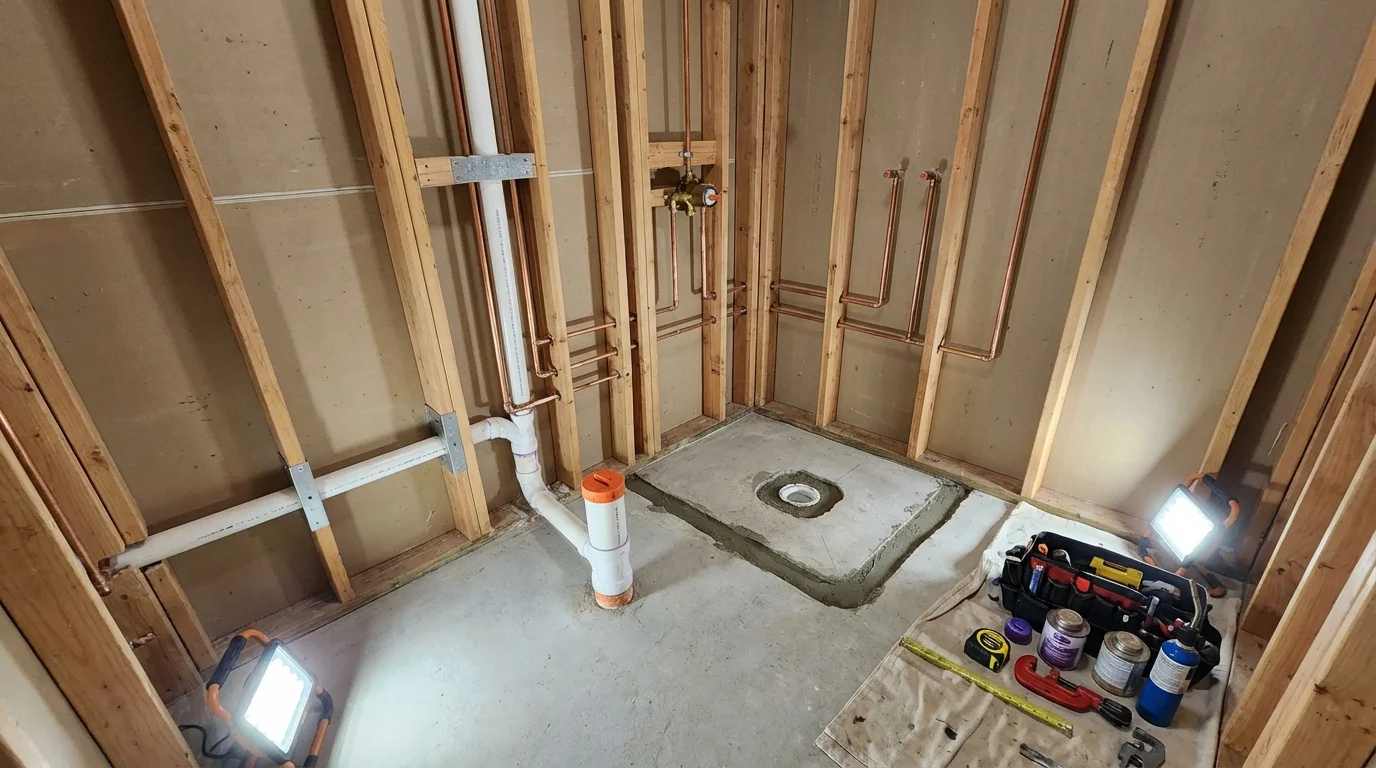 Bathroom rough-in plumbing during remodel by Johns Plumbing LLC in New Rockford
