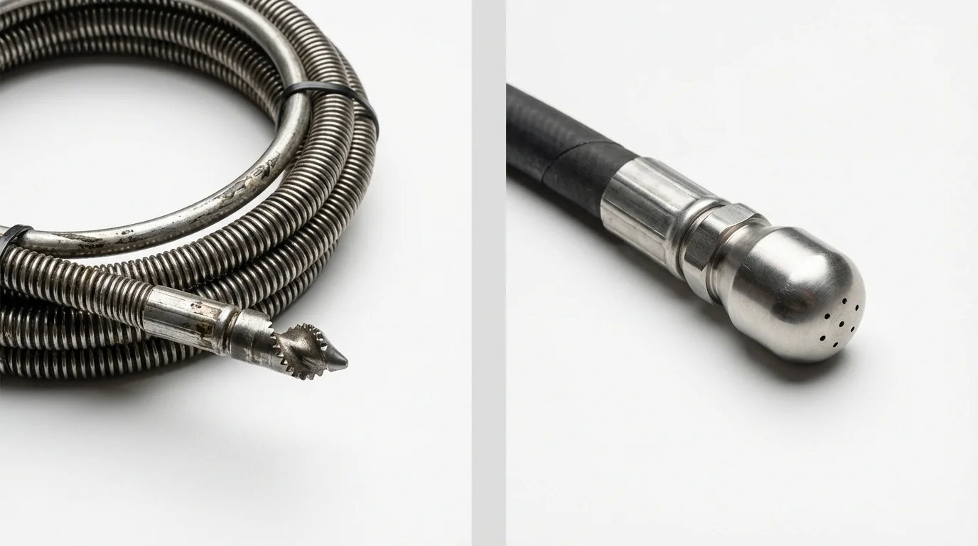 Drain snake cable and hydro jetting nozzle used for drain cleaning in New Rockford, ND