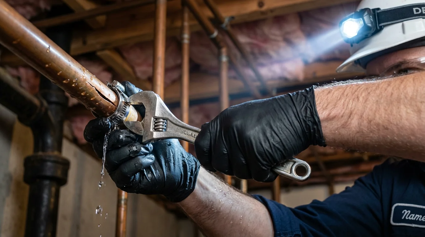 Emergency pipe clamp repair being performed by a Johns Plumbing LLC plumber in New Rockford
