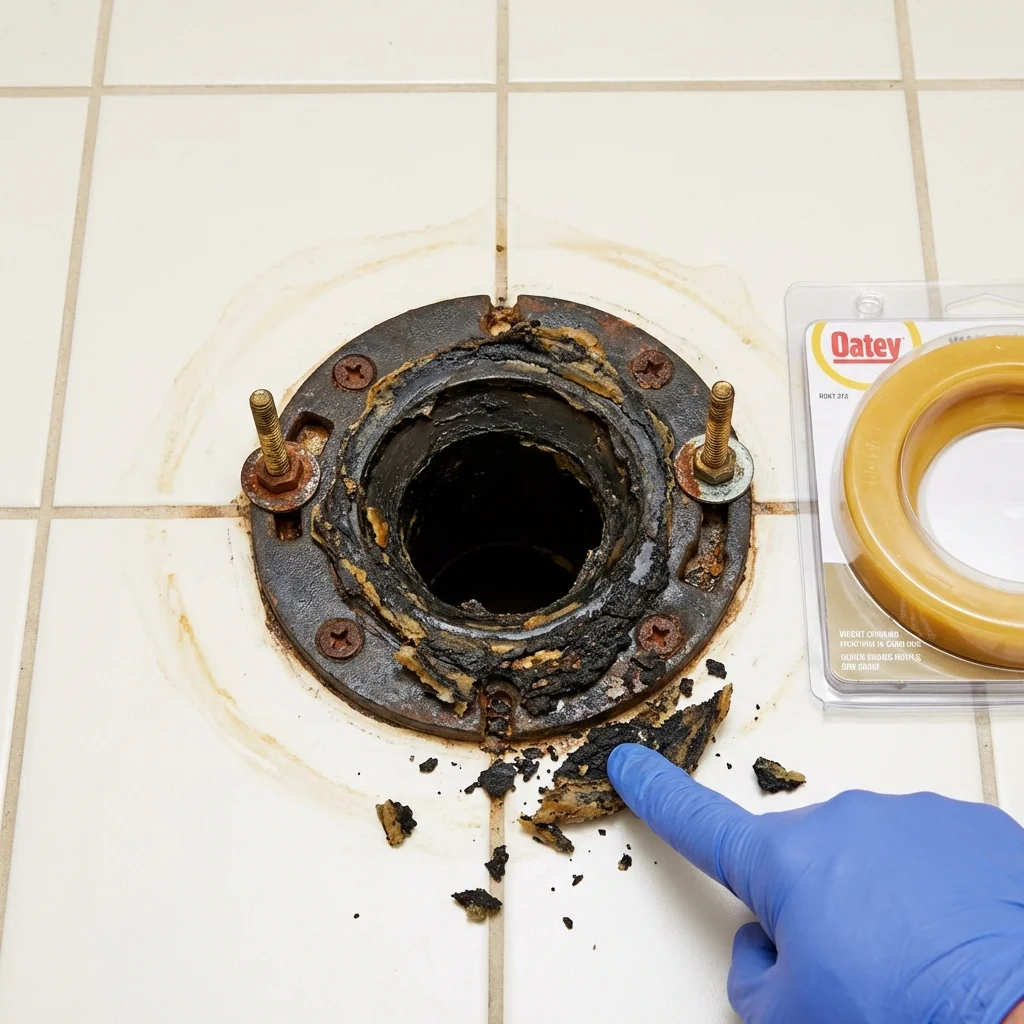Failed wax ring showing water seepage at the base of a toilet in a New Rockford, ND home
