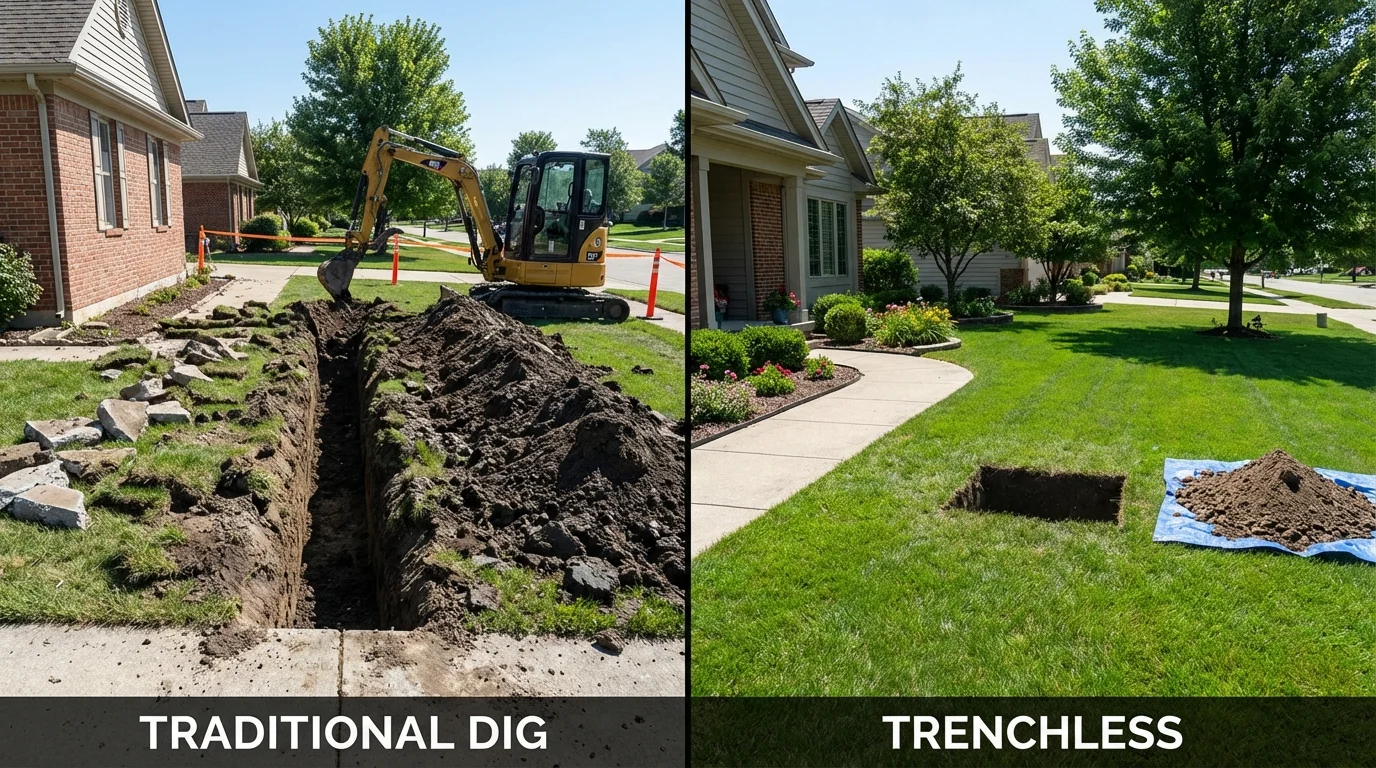 Trenchless sewer repair with minimal yard damage versus traditional excavation in New Rockford, ND