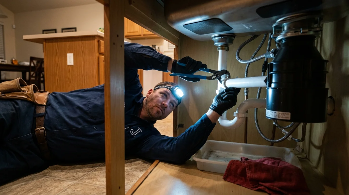 P-trap and supply line connections under a kitchen sink showing a common leak point in New Rockford, ND